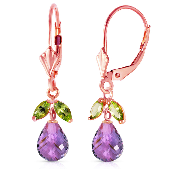 14K. GOLD LEVERBACK EARRING WITH AMETHYSTS & PERIDOTS (Rose Gold) - Picture 2 of 3